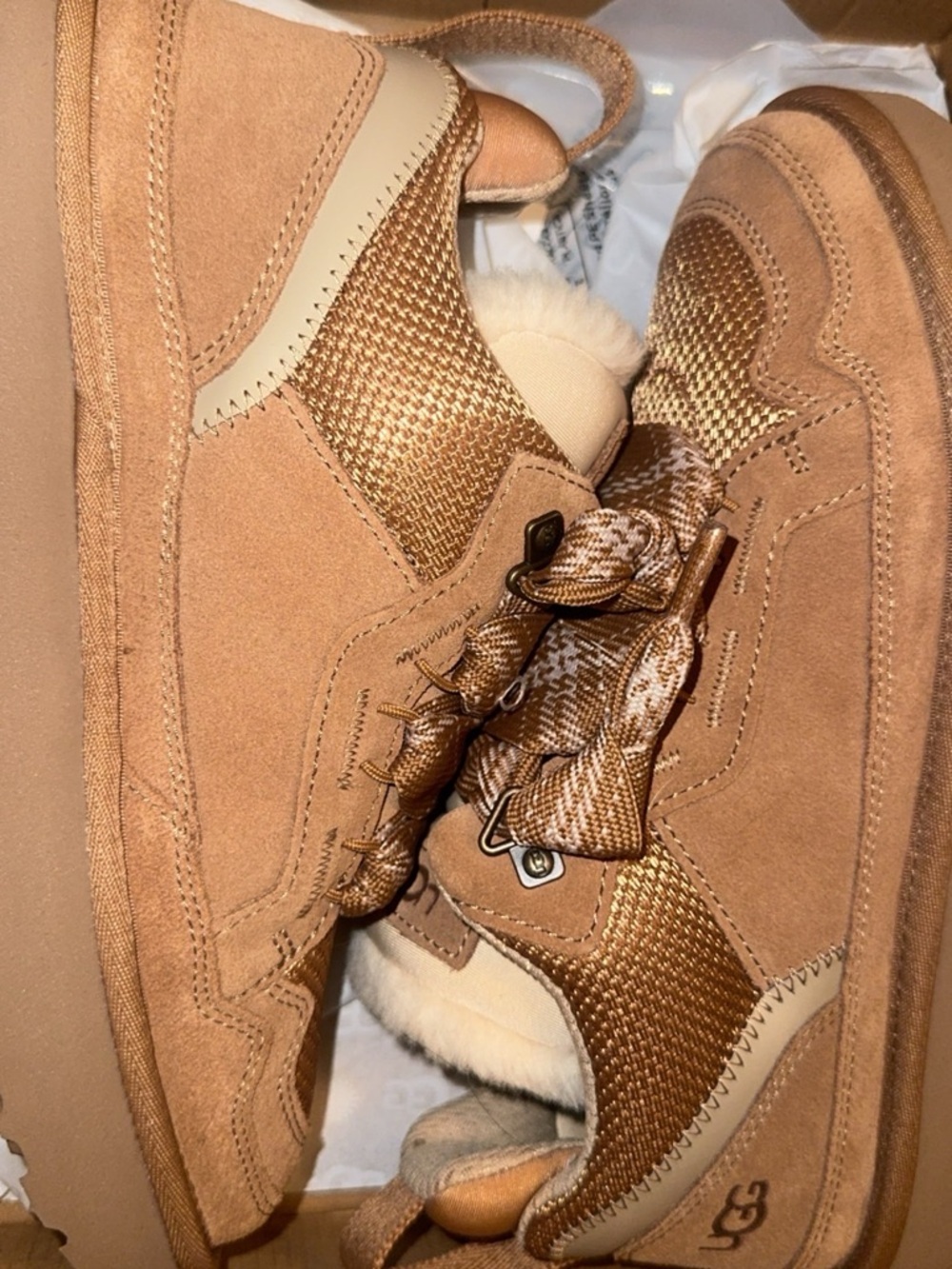 UGG Tan Suede & Metallic Knit Lace-Up Sneakers